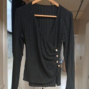 Black Ribbed Wrap Top with Button Detail